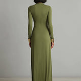 Violette – Robe Maxi en Soie Olive Col V Profond
