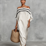 Solène – Robe Maxi en Lin Minimaliste Épaule Dénudée