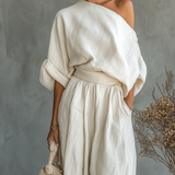 Victoire – Robe Maxi en Lin Blanc Cassé Épaule Dénudée
