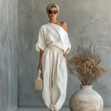 Victoire – Robe Maxi en Lin Blanc Cassé Épaule Dénudée