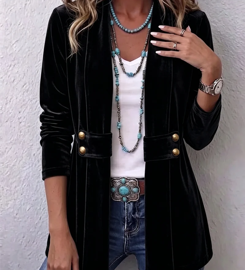Jana | Veste Vintage à Manches Longues avec Revers et Boutons Décoratifs