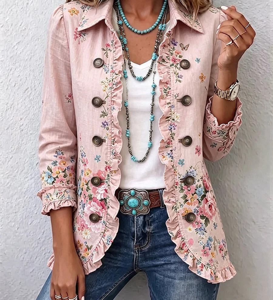 Bea | Veste à Volants Fleuris et Boutons sur le Devant