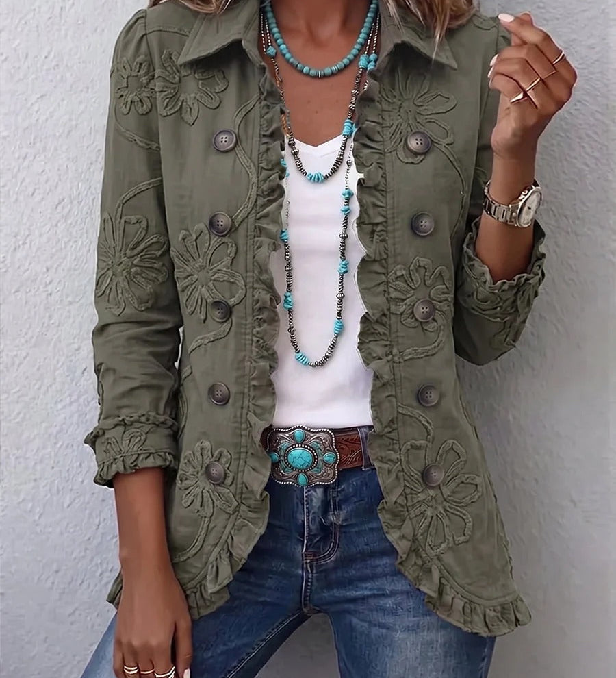 Karina | Veste Utilitaire Bohème-Chic à Broderie Florale et Volants