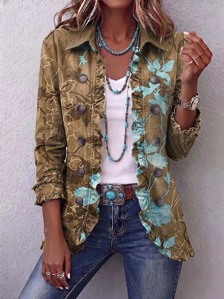 Sandra | Veste Bohème Vintage à Volants et Imprimé Floral Dégradé