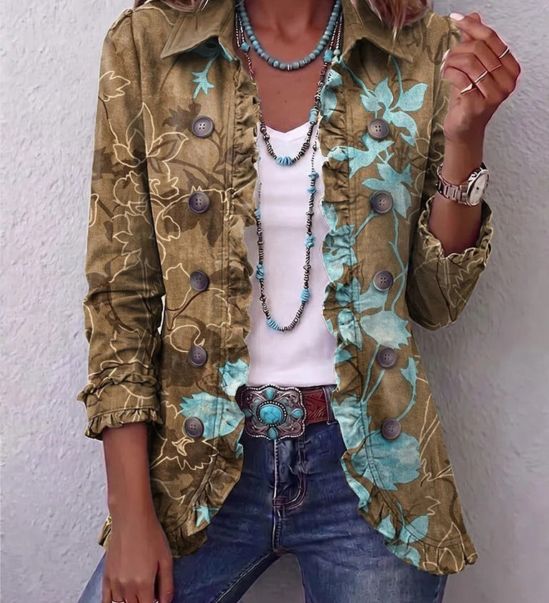 Sandra | Veste Bohème Vintage à Volants et Imprimé Floral Dégradé