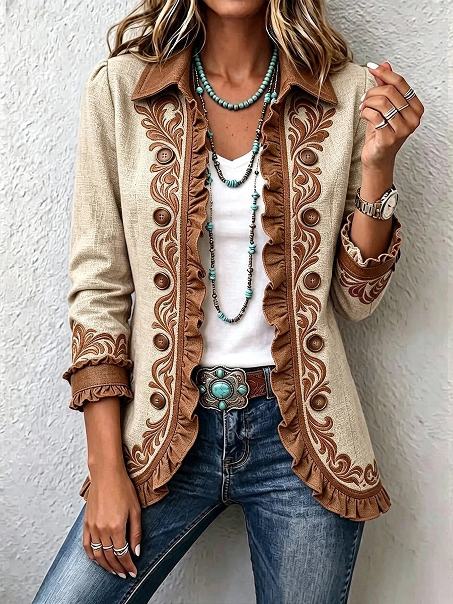 Daniela | Veste Bohème Vintage à Volants et Imprimé Floral