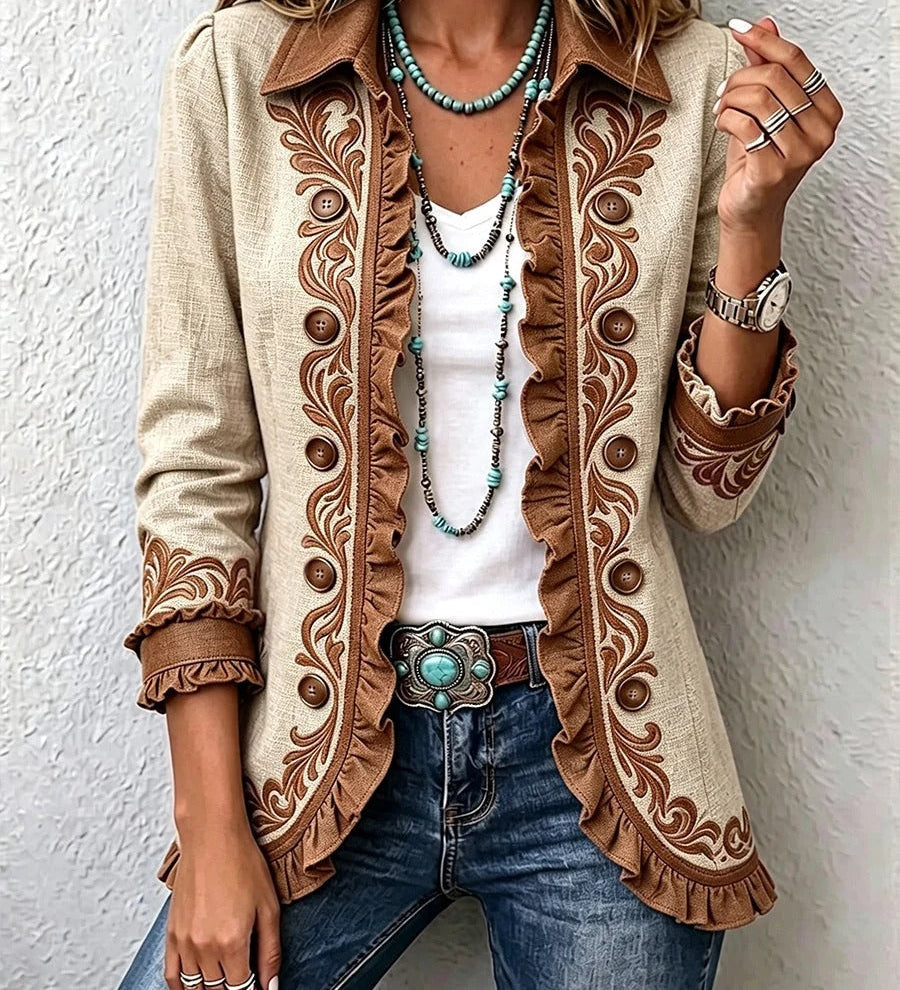 Daniela | Veste Bohème Vintage à Volants et Imprimé Floral