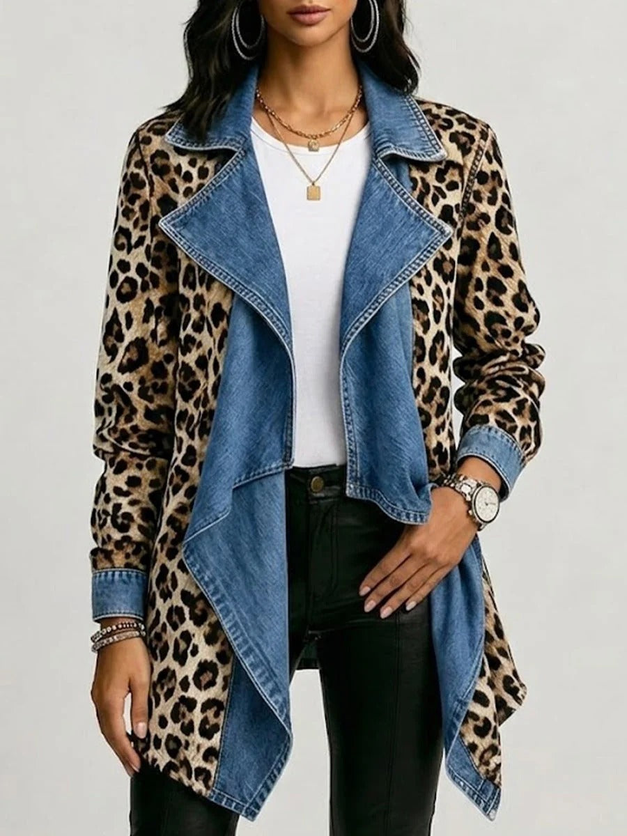Sheila | Veste Longueur Midi à Panneaux en Denim Délavé et Imprimé Léopard