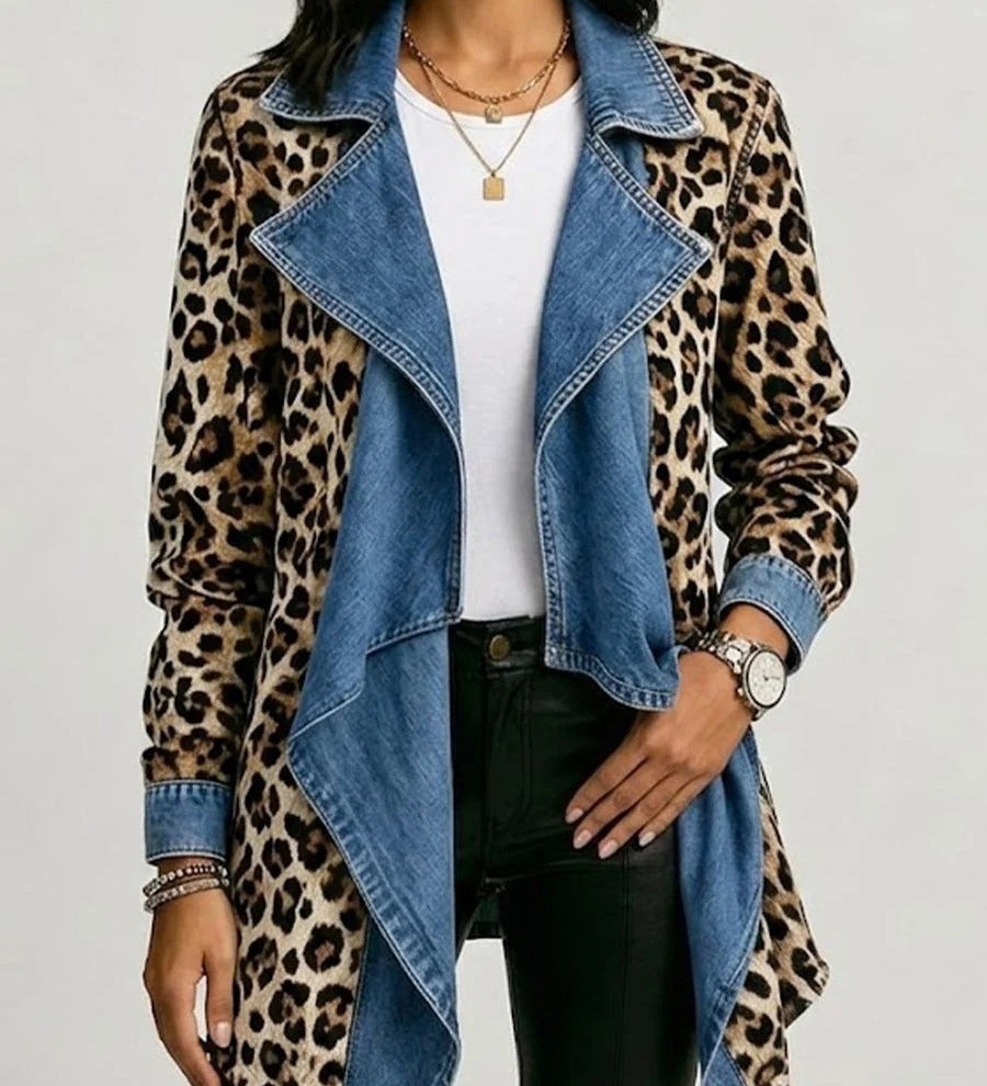 Sheila | Veste Longueur Midi à Panneaux en Denim Délavé et Imprimé Léopard