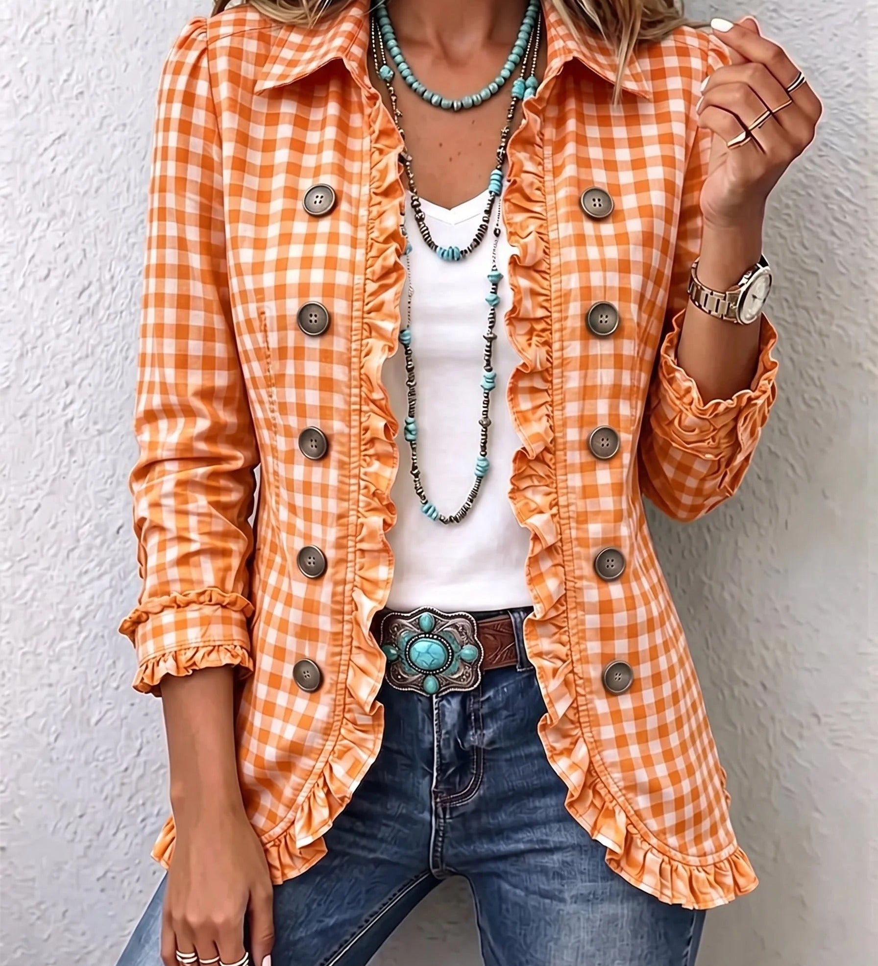 Carla | Veste Boutonnée à Volants et Imprimé Vichy