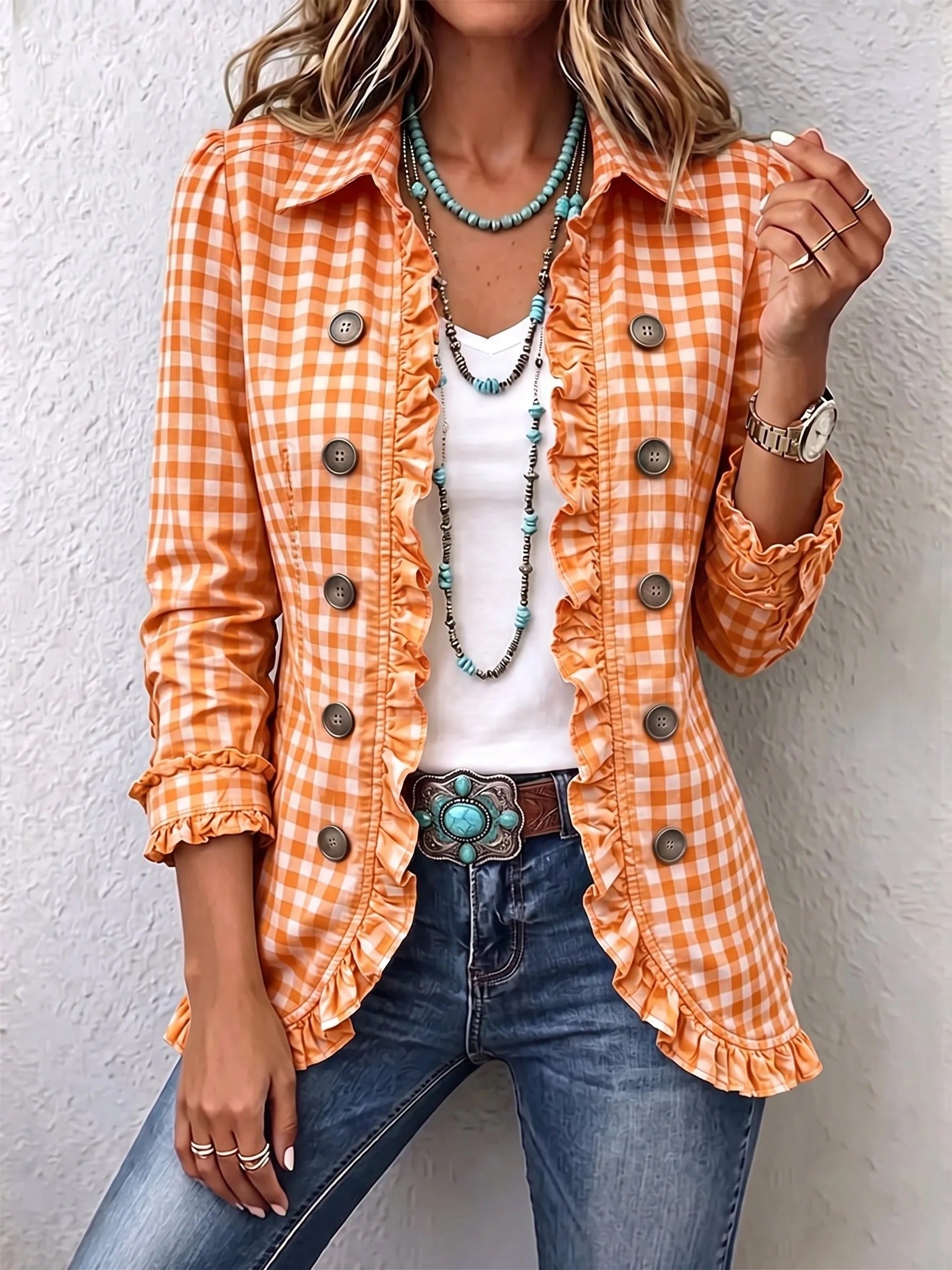 Carla | Veste Boutonnée à Volants et Imprimé Vichy