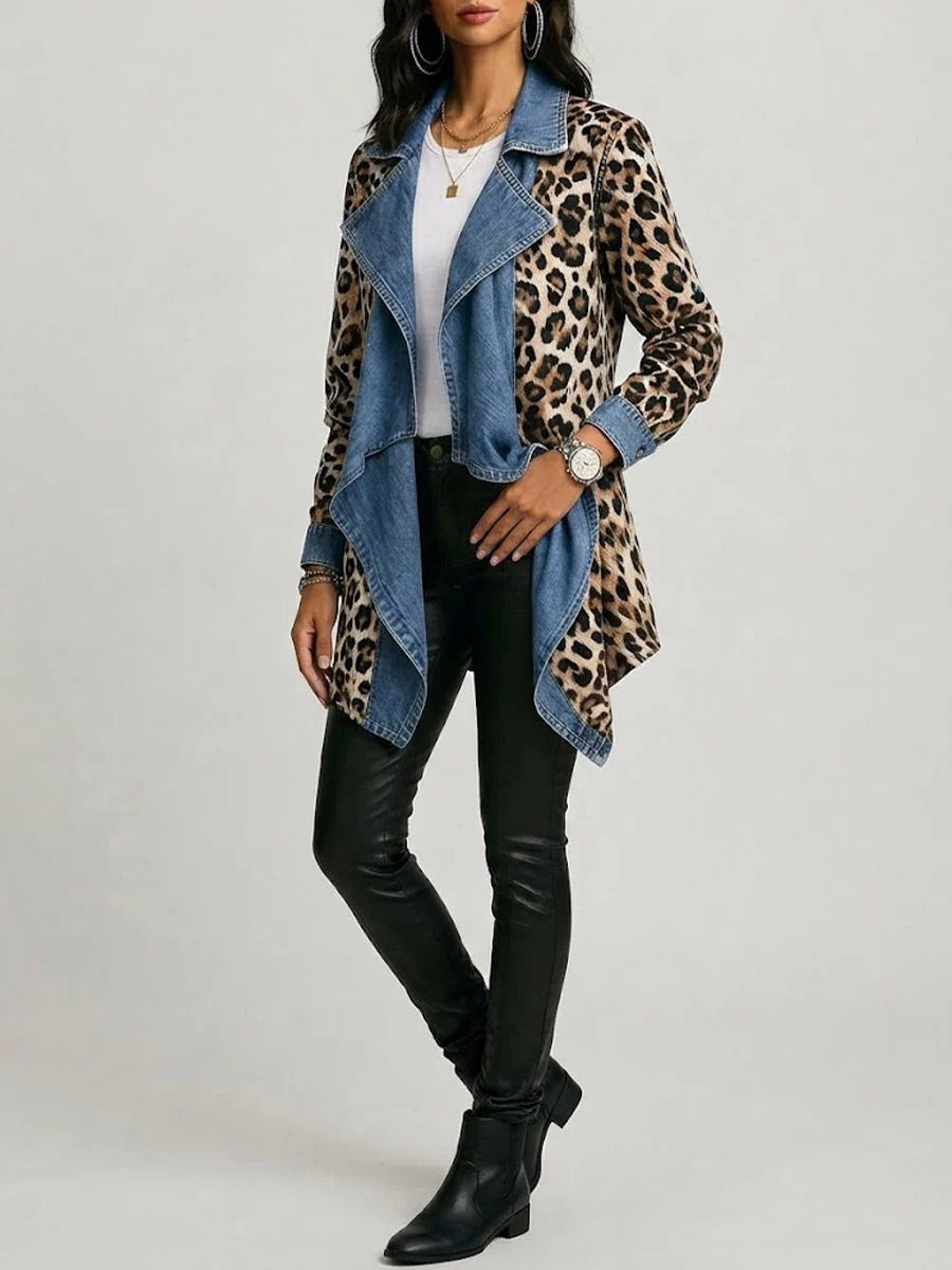 Sheila | Veste Longueur Midi à Panneaux en Denim Délavé et Imprimé Léopard