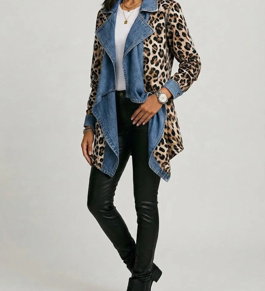 Sheila | Veste Longueur Midi à Panneaux en Denim Délavé et Imprimé Léopard