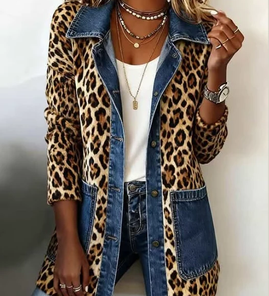 Fabiana | Veste Longue en Denim à Panneaux Contrastants et Imprimé Léopard