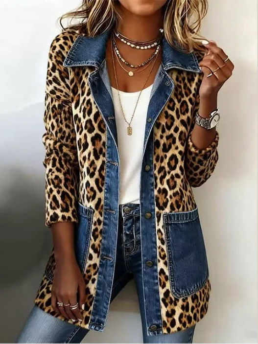 Fabiana | Veste Longue en Denim à Panneaux Contrastants et Imprimé Léopard