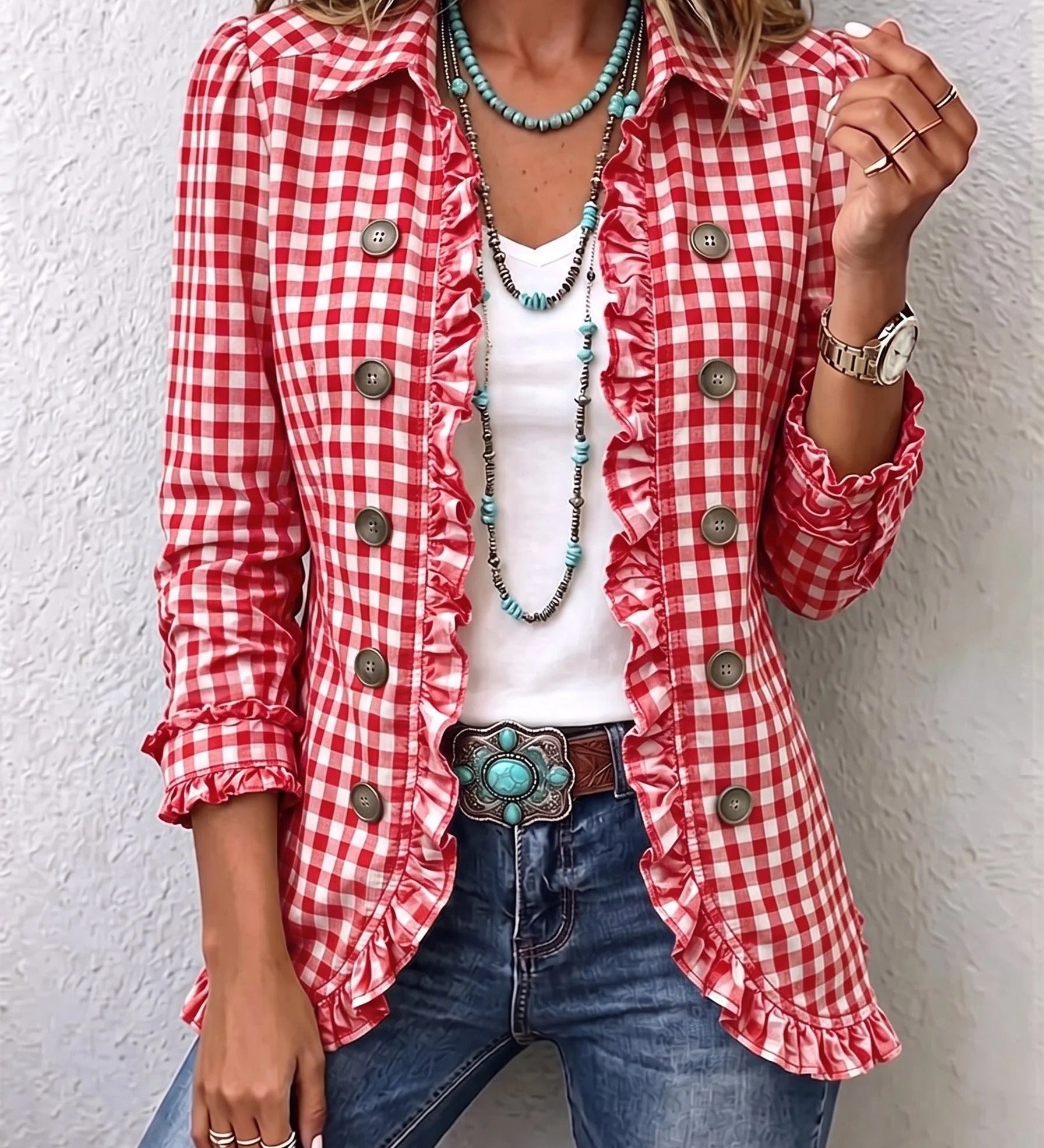 Carla | Veste Boutonnée à Volants et Imprimé Vichy