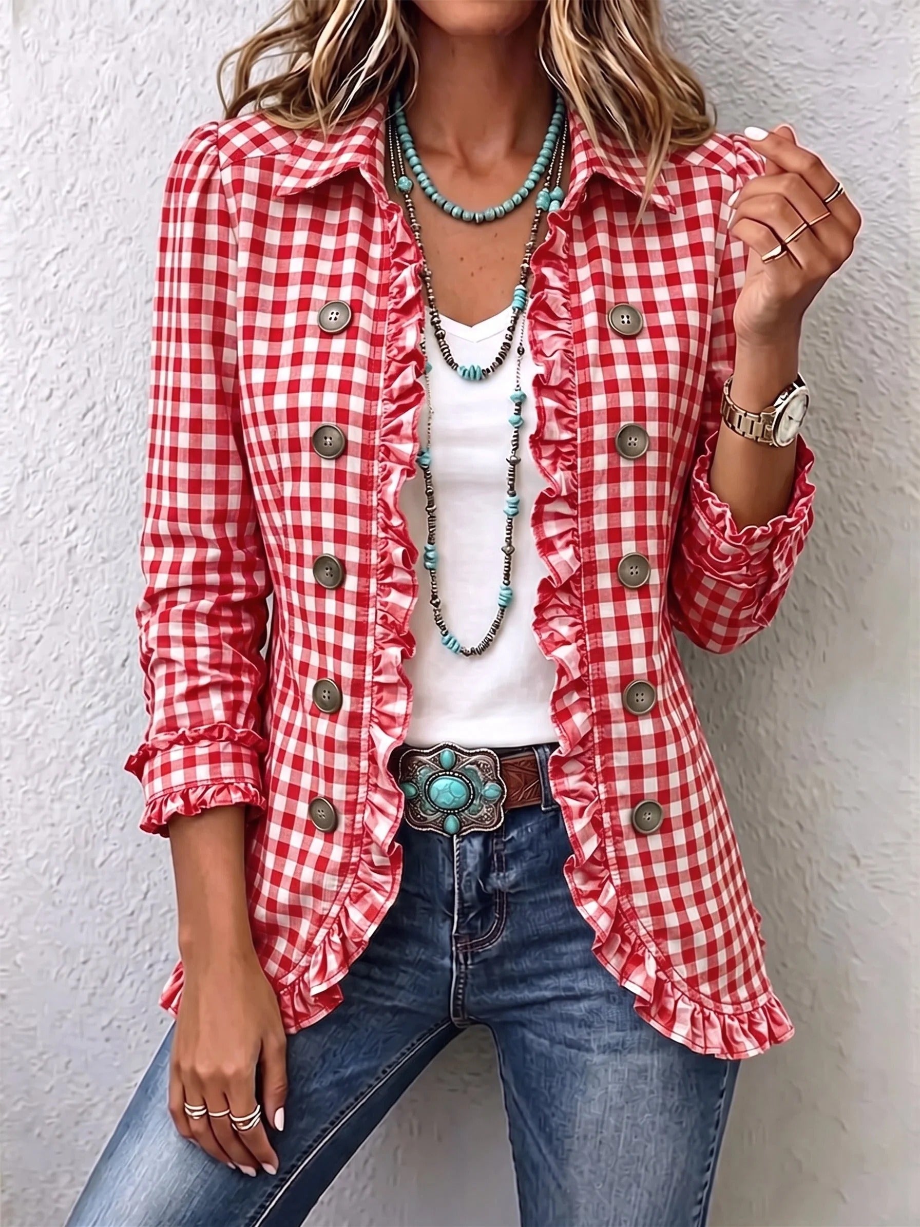 Carla | Veste Boutonnée à Volants et Imprimé Vichy
