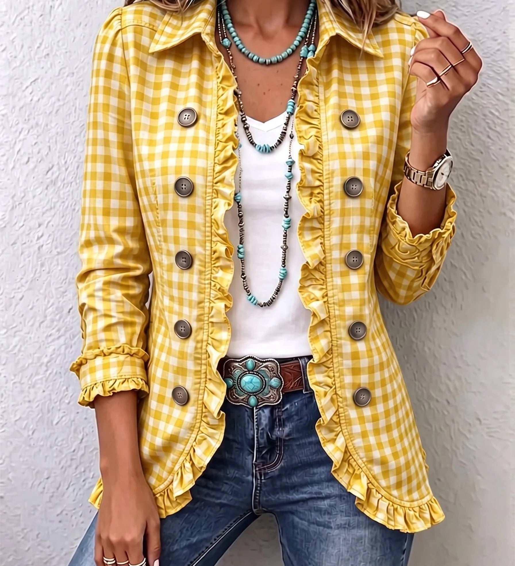 Carla | Veste Boutonnée à Volants et Imprimé Vichy