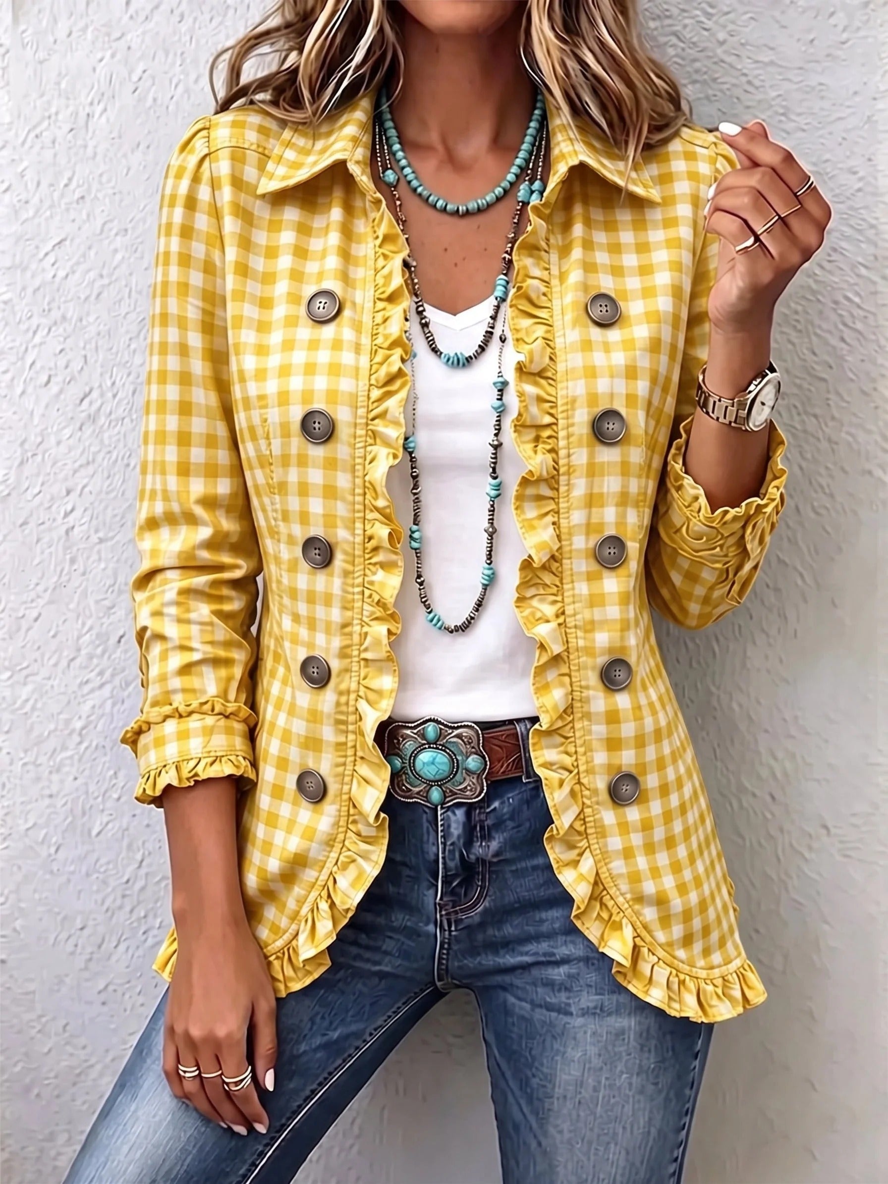 Carla | Veste Boutonnée à Volants et Imprimé Vichy