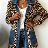 Fabiana | Veste Longue en Denim à Panneaux Contrastants et Imprimé Léopard