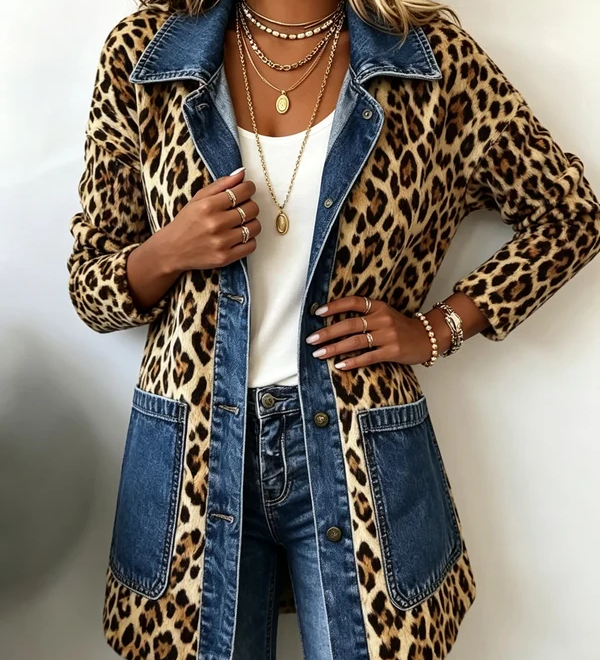 Fabiana | Veste Longue en Denim à Panneaux Contrastants et Imprimé Léopard