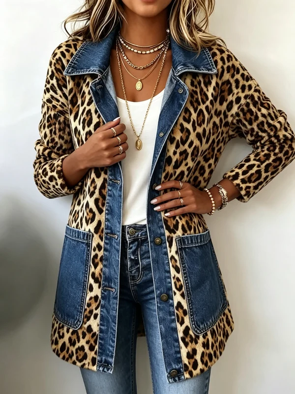 Fabiana | Veste Longue en Denim à Panneaux Contrastants et Imprimé Léopard