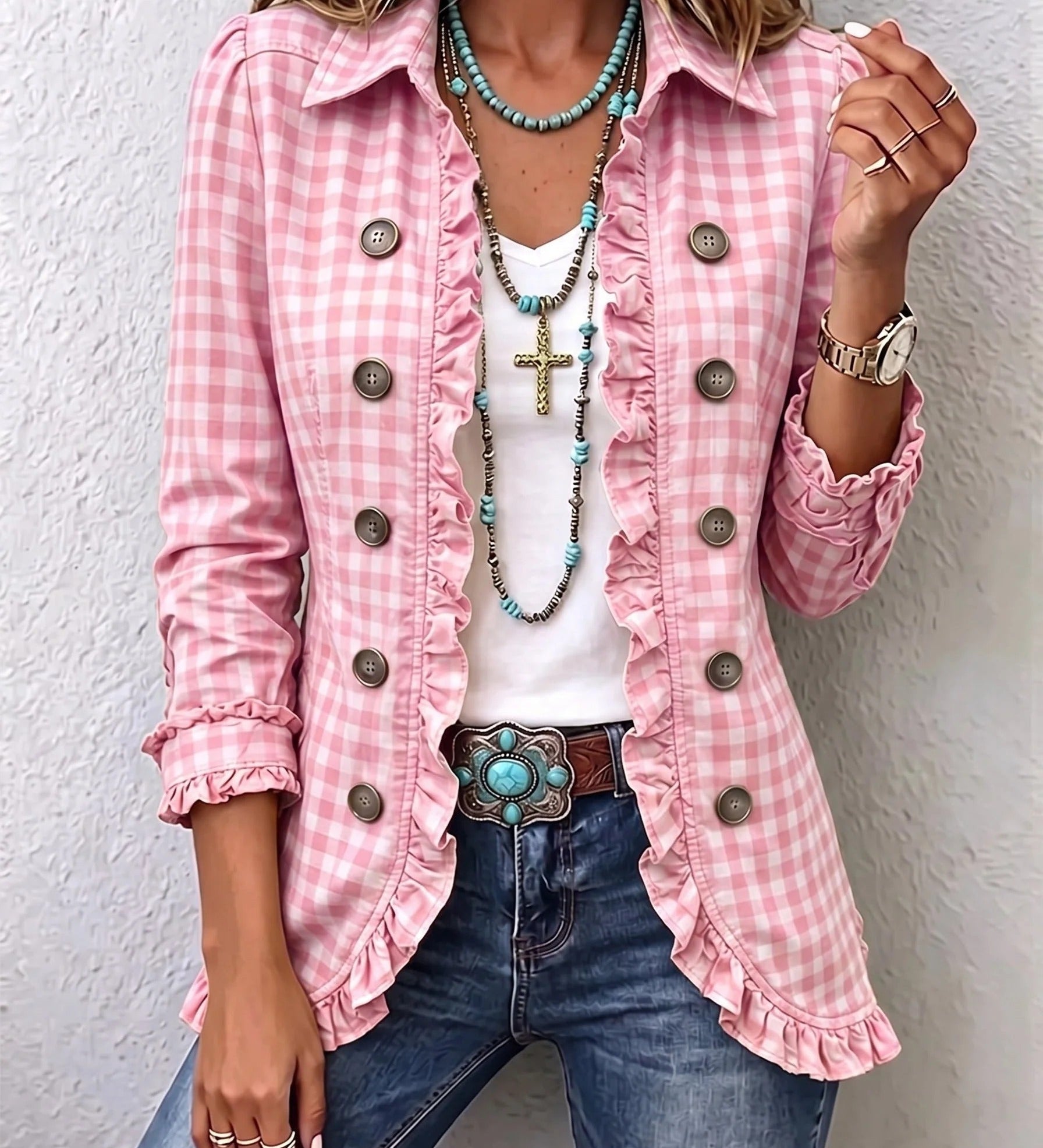 Carla | Veste Boutonnée à Volants et Imprimé Vichy