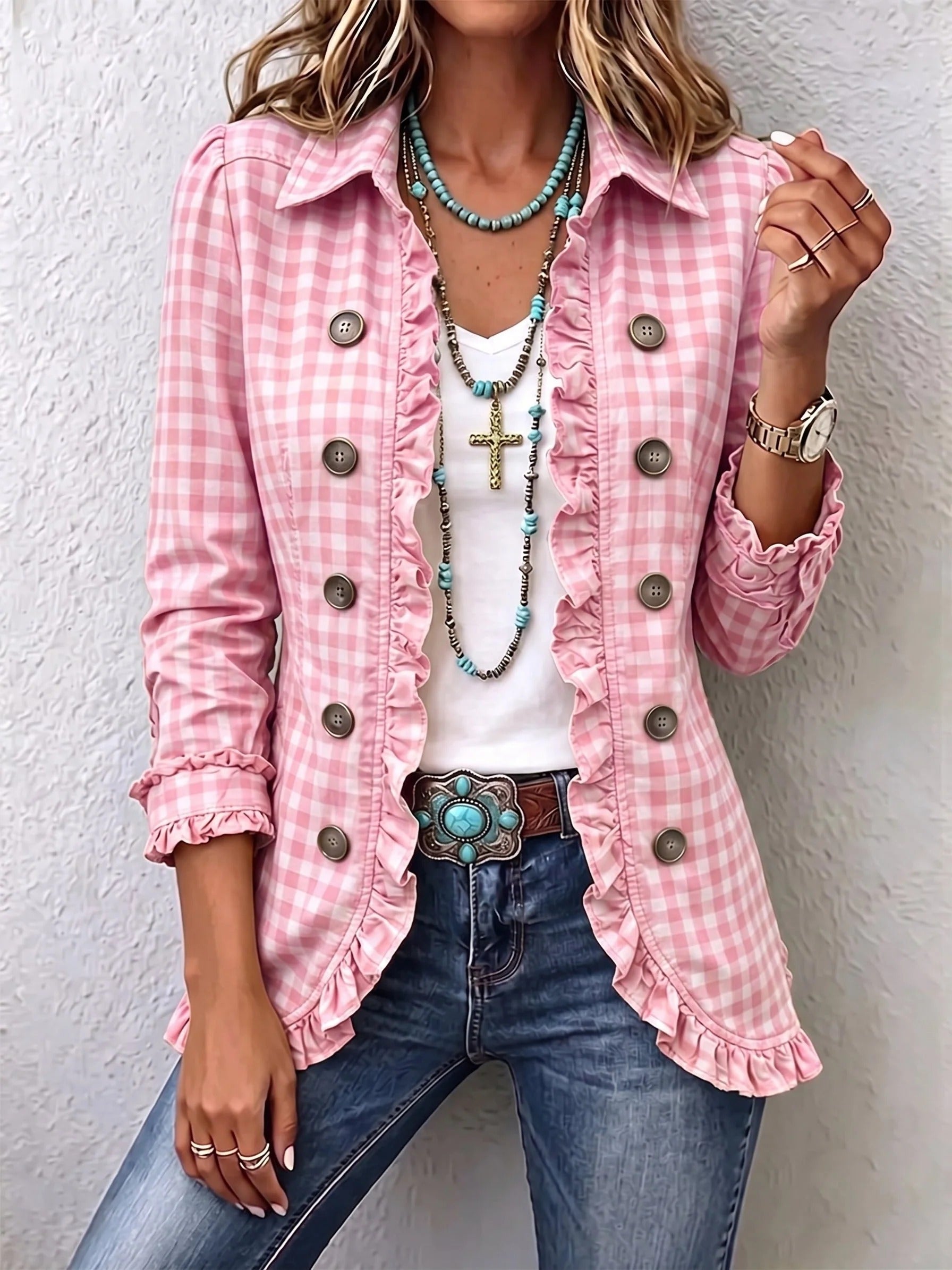 Carla | Veste Boutonnée à Volants et Imprimé Vichy