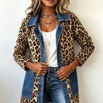 Fabiana | Veste Longue en Denim à Panneaux Contrastants et Imprimé Léopard