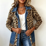Fabiana | Veste Longue en Denim à Panneaux Contrastants et Imprimé Léopard