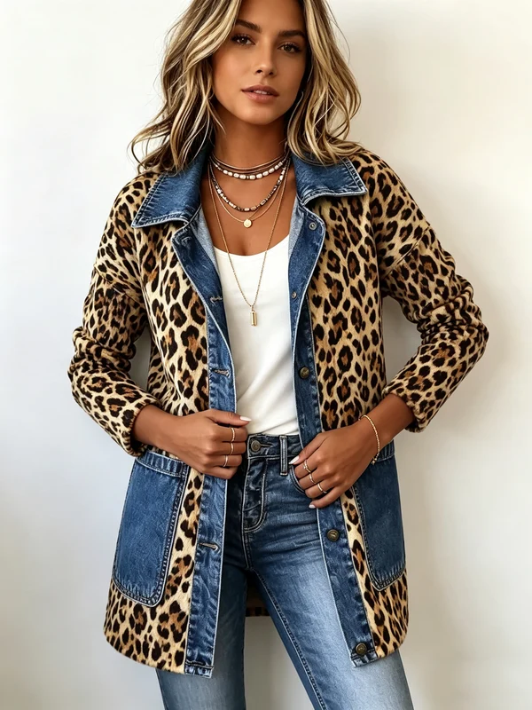 Fabiana | Veste Longue en Denim à Panneaux Contrastants et Imprimé Léopard