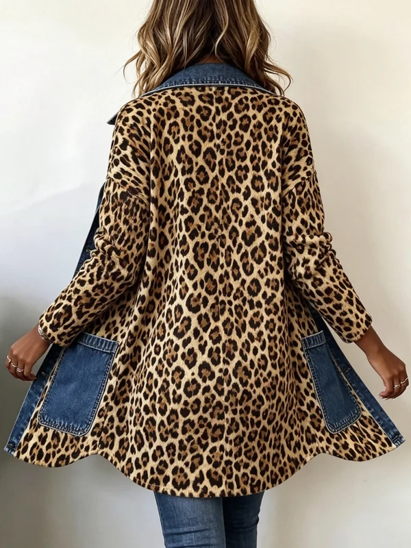 Fabiana | Veste Longue en Denim à Panneaux Contrastants et Imprimé Léopard